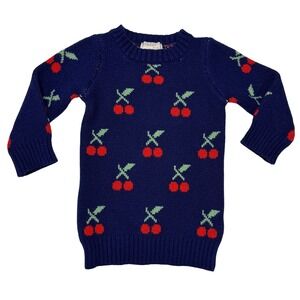 btween baby Girls Sweater Dress Cherry Print 6M Navy Blue Knit Long Sleeve